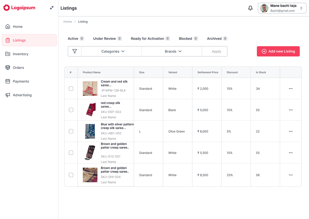 List Products Dashboard